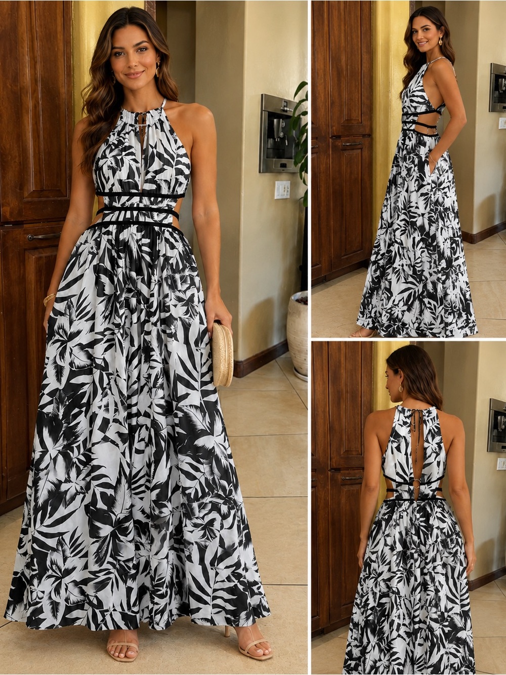 Express Sleeveless Black & White Halter Maxi Dress with Cutout Waist Small